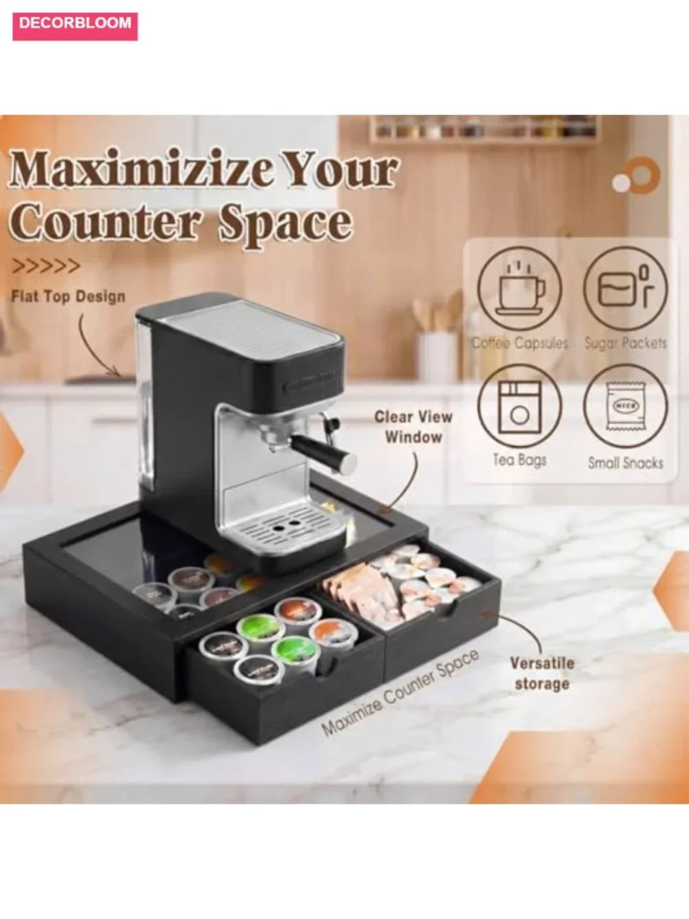 Wooden Coffee Pod Holder with Acrylic Lid, 2 Drawers, Large Capacity